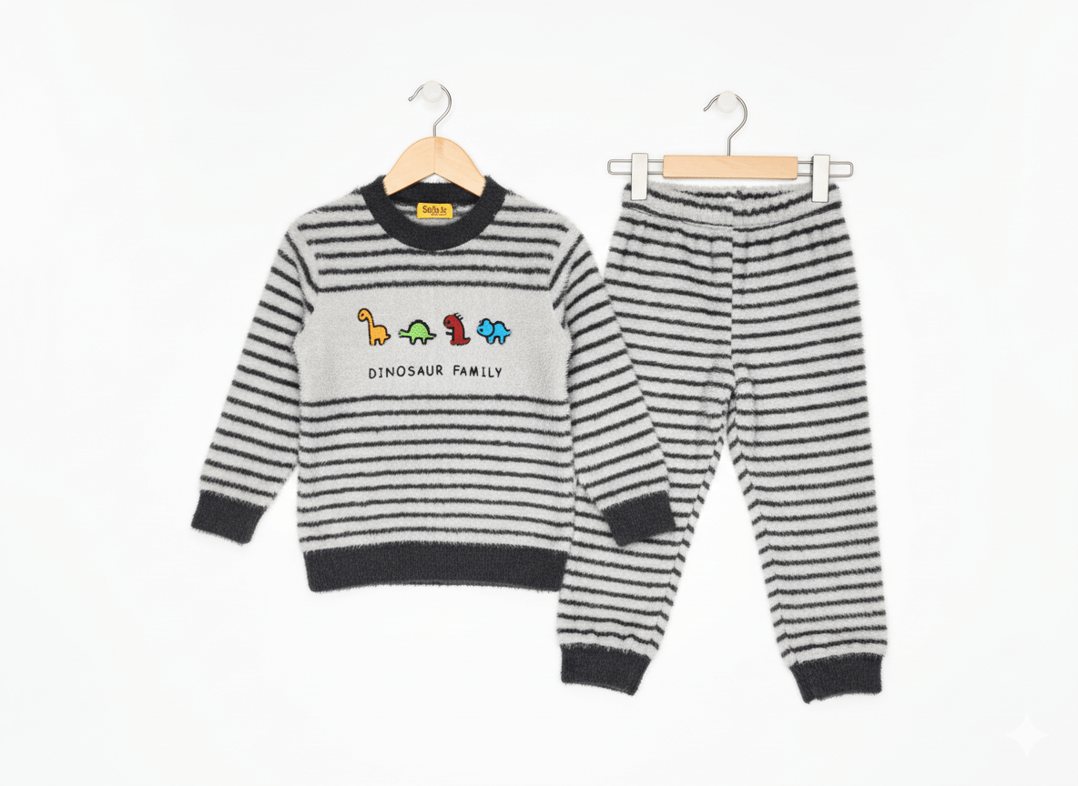 Dinosaur Family 2-Piece Fuzzy Striped Sweater and Pant Set – Grey & Black By Liberi