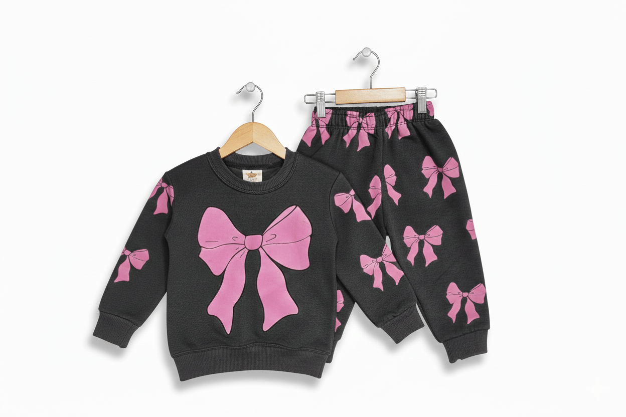Sweet Ribbon 2-Piece Pink Bow Sweatshirt and Jogger Set – Charcoal Black By Liberi