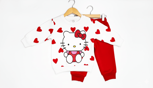 Hello Kitty & Hearts 2-Piece Sweatshirt and Jogger Set – White and Red By Liberi