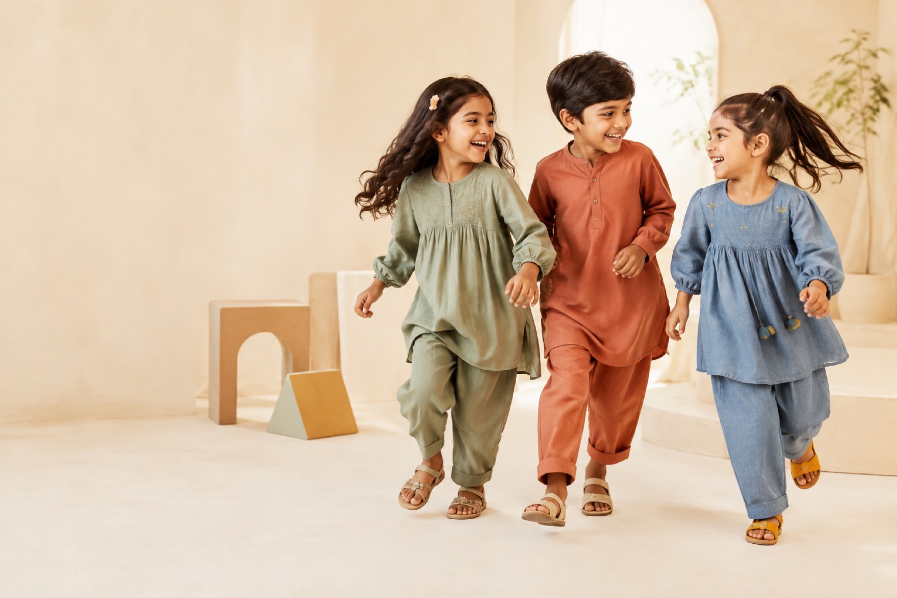 Three children in Liberi cotton outfits playing in a sunny courtyard